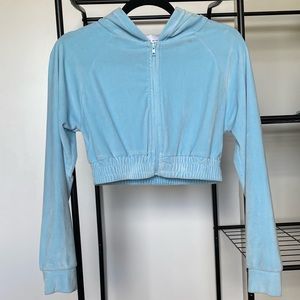S Baby Blue Velour Zip Up Crop Jacket